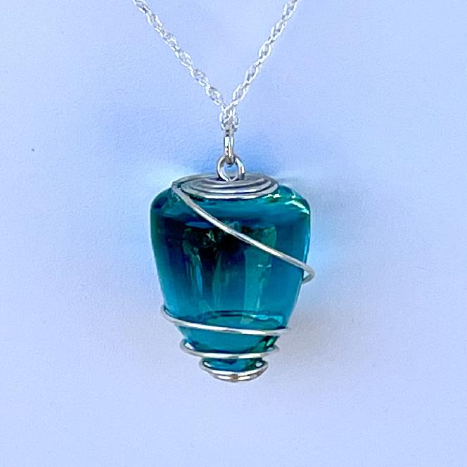 Aqua Insulator Pendant Necklace on 28″ Adjustable Sterling Silver Box