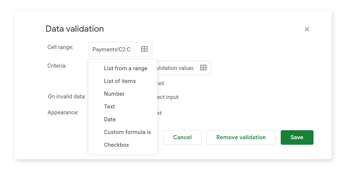 Google Sheets Data Validation how to create dropdown lists