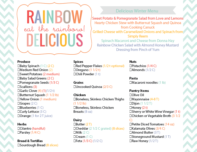 Delicious Winter Menu with Grocery List Rainbow Delicious