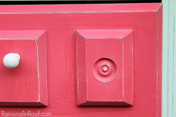 Mint and Coral Nightstand Makeover via RainonaTinRoof.com #makeover #nightstand #DIY