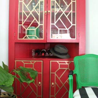 Vivid Red Hutch Makeover / How to Add Fretwork to Furniture / Velvet Finishes Paint / O'verlays / Brass Lion Pulls / Chippendale Fretwork