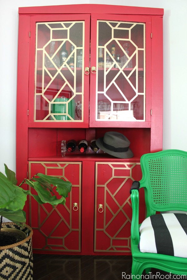 Vivid Red Hutch Makeover / How to Add Fretwork to Furniture / Velvet Finishes Paint / O'verlays / Brass Lion Pulls / Chippendale Fretwork