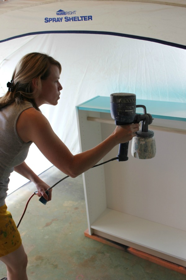 Painting an upcycled bookcase with a HomeRight Paint Sprayer - Rain on a Tin Roof