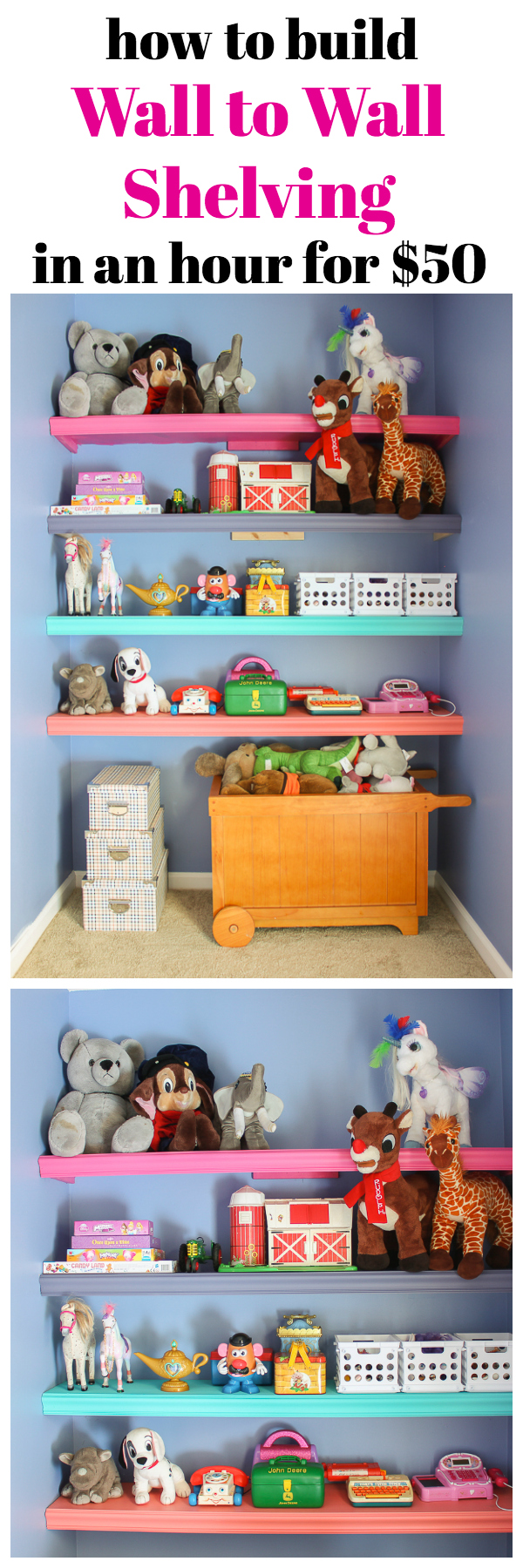 This is such an easy build! Any beginning DIYer could complete these! Great for kid's rooms and home offices! How to Build Wall to Wall Shelves in an hour for $50