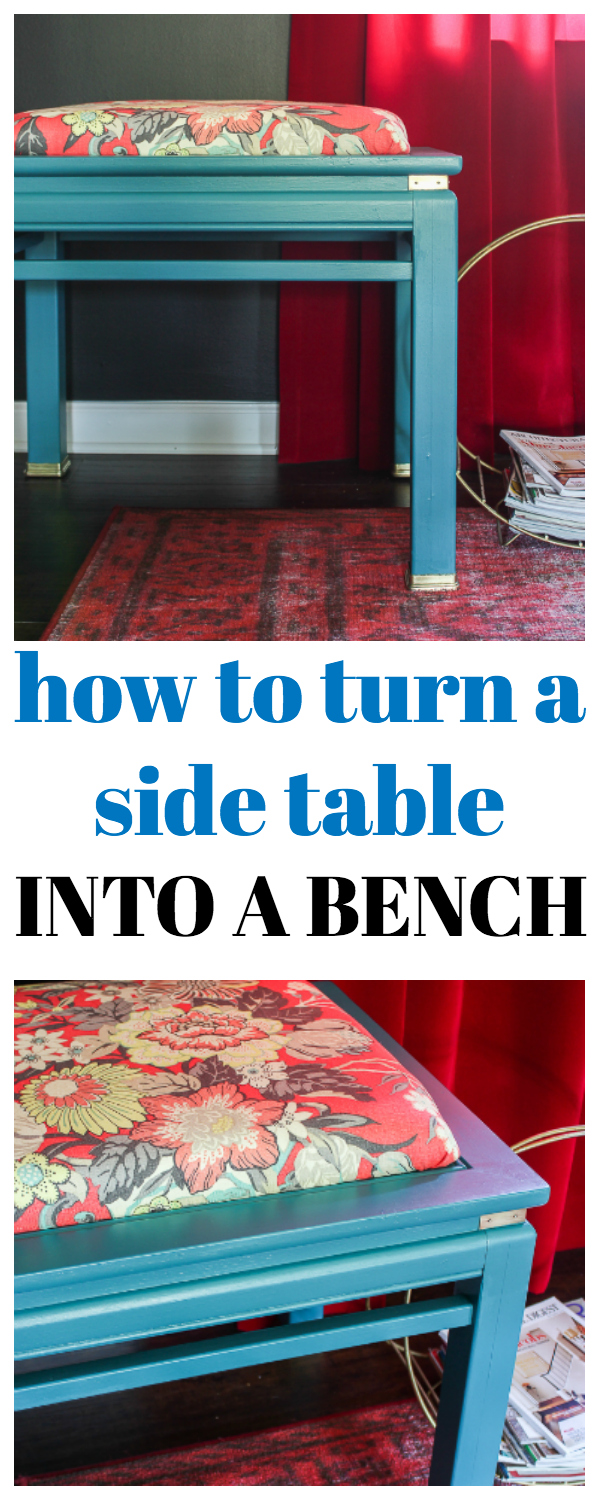 This is a great furniture makeover idea for an end table makeover - find out how to turn a side table into a bench. Easy side table redo in a day!