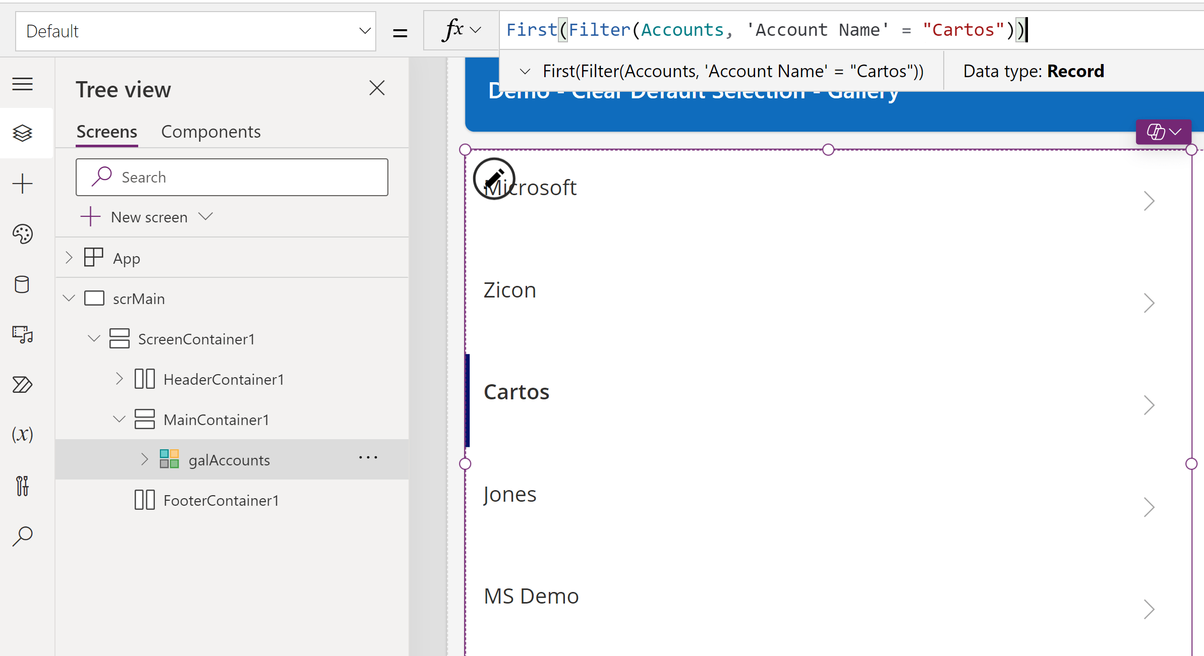 [Quick Tip] Canvas App Gallery Control Clear default record