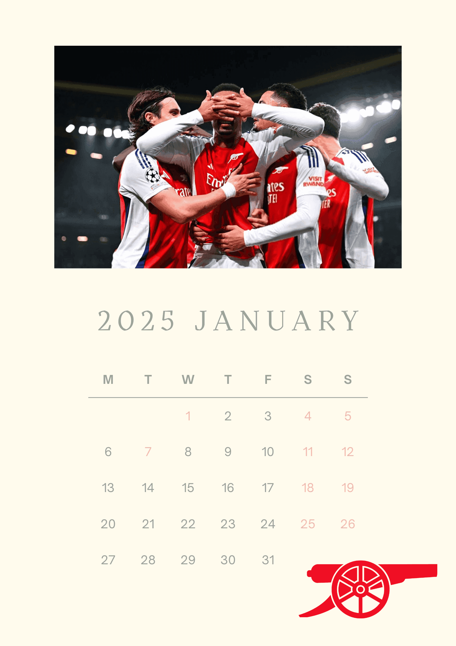 Minimalist ArsenalThemed Digital Calendar 2025 by andreabail1606 Raket.PH