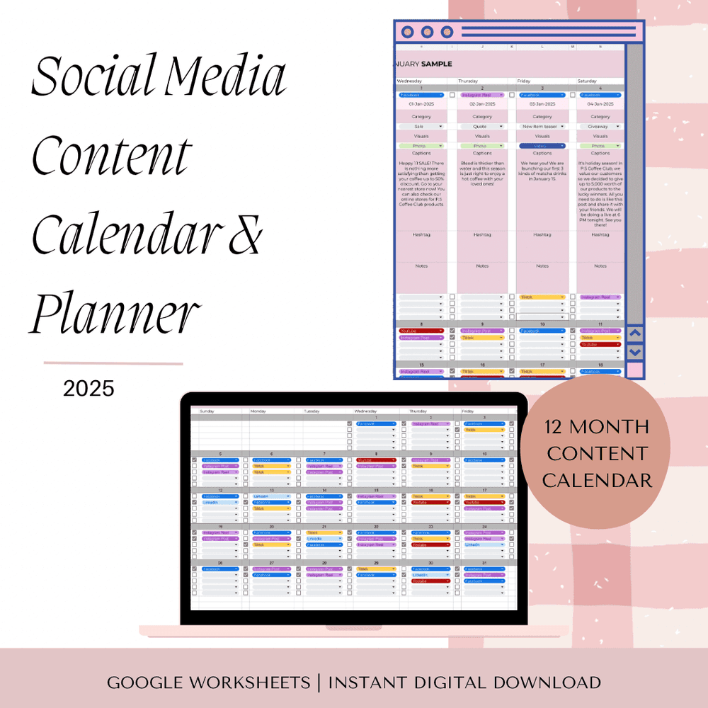 Social Media Content Calendar & Planner in Google Sheets 2025 (Full Year Template) by mycadesigns Raket.PH Social Media Content Calendar & Planner in Google Sheets 2025 (Full Year Template) by mycadesigns Raket.PH