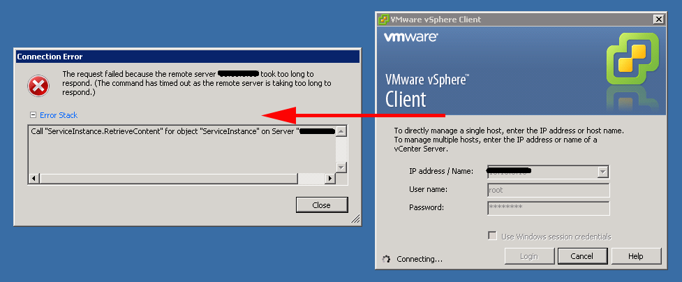 vCenter unable to connects to hosts; vSphere client gives error