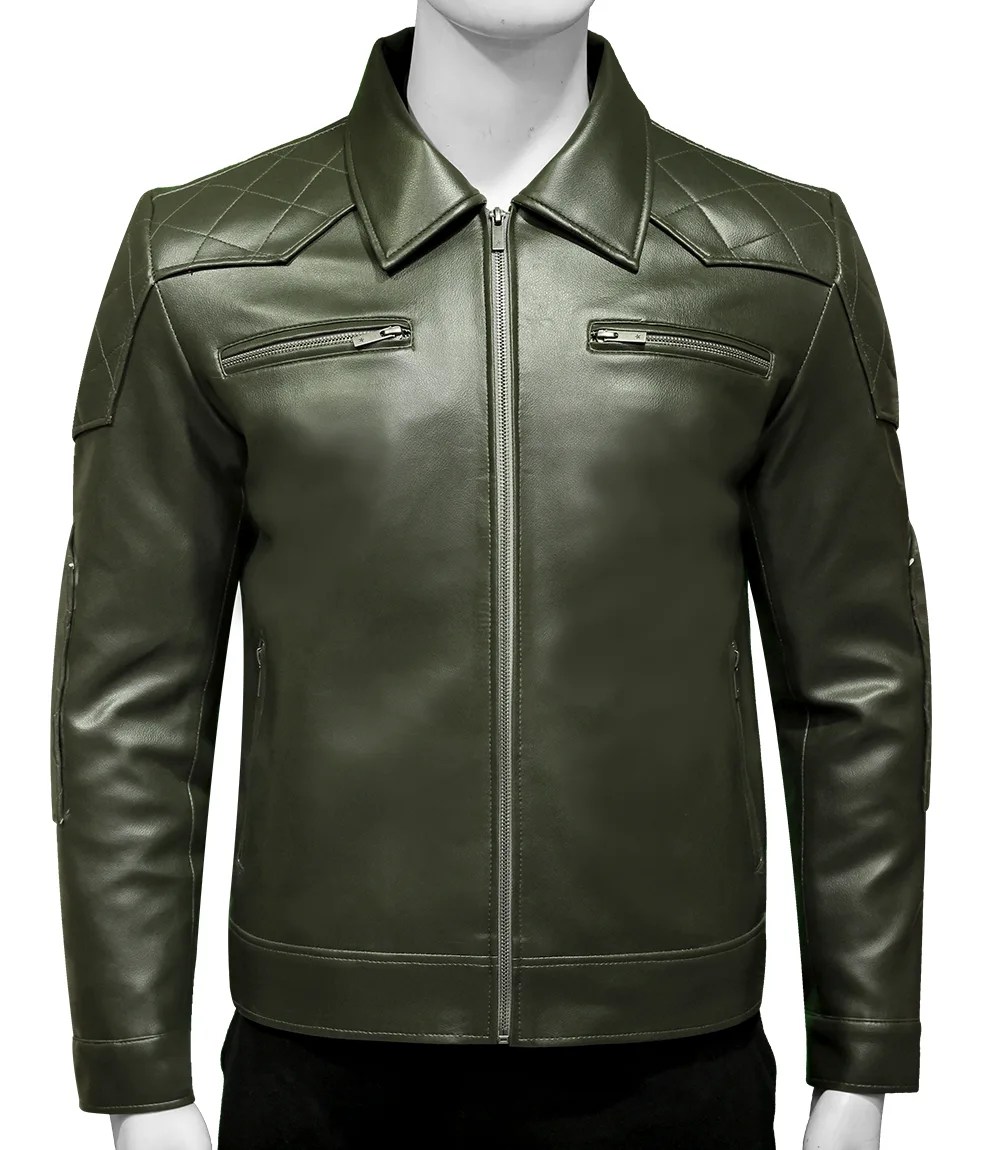 Mens Quilted Green Leather Jacket Free Shipping