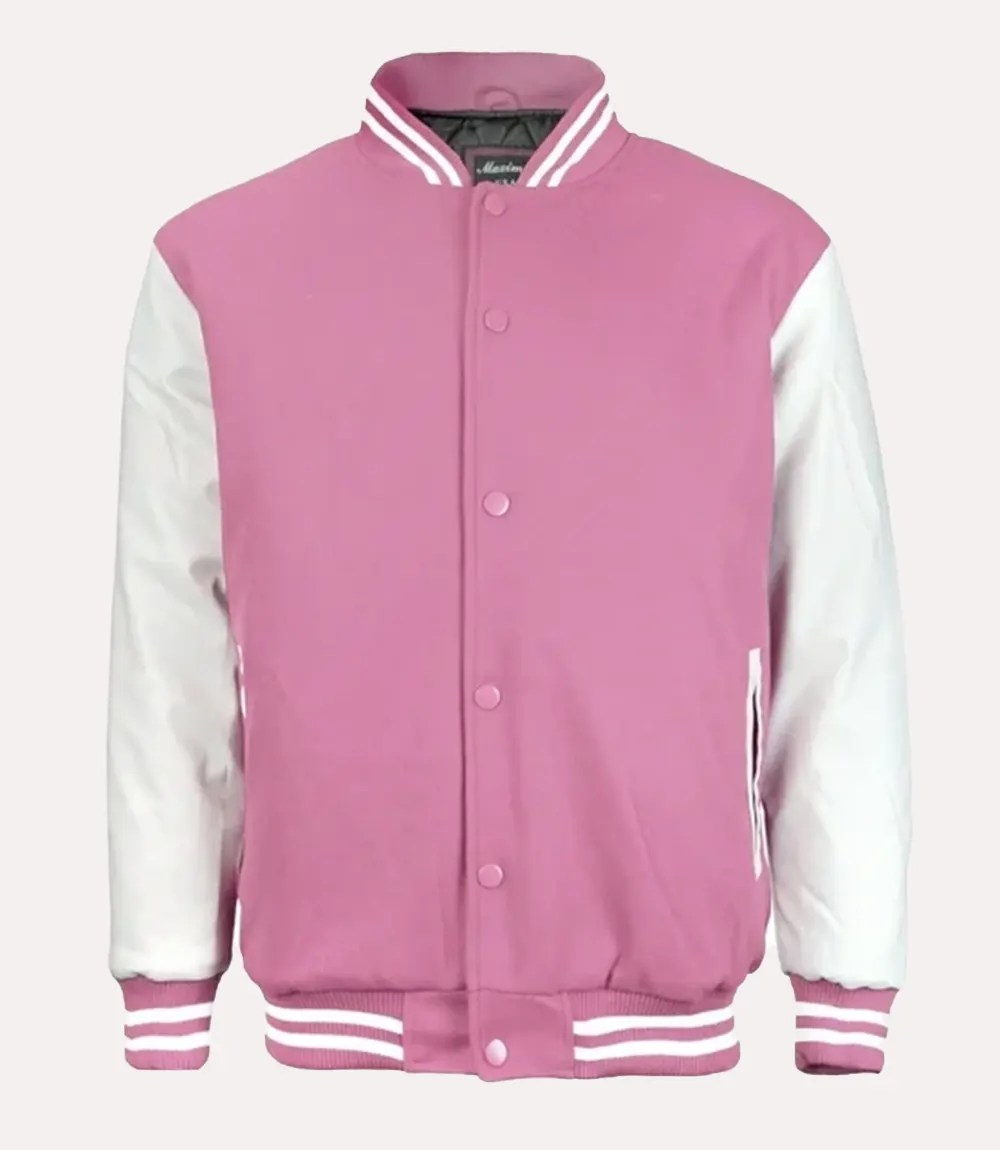 Pink Varsity Jacket with White Leather Sleeves