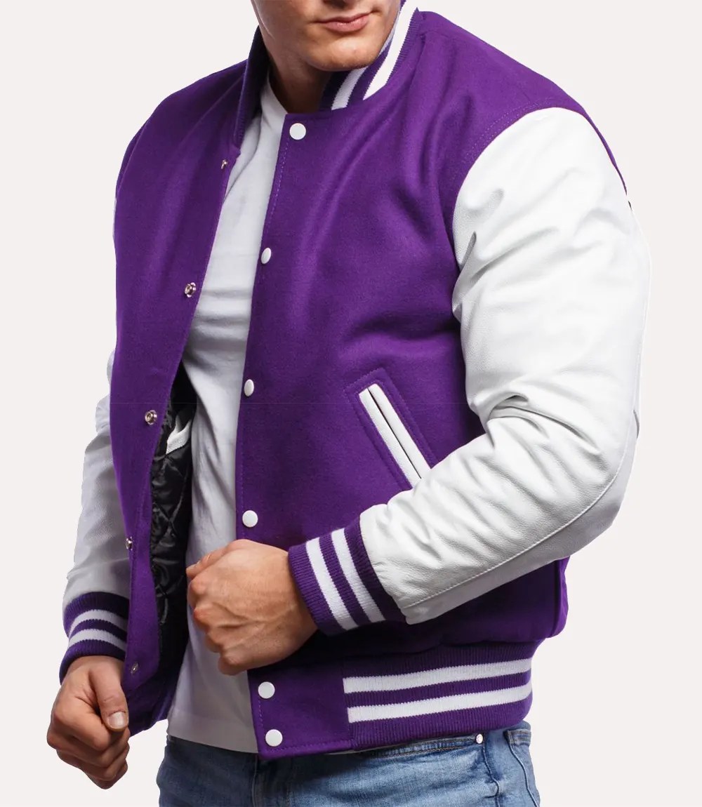 Purple Varsity Jacket with White Leather Sleeves