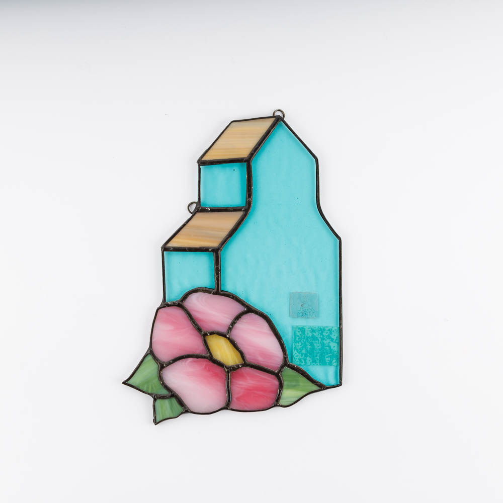 Stained Glass Grain Elevator with Wild Rose by Bissett Stained Glass