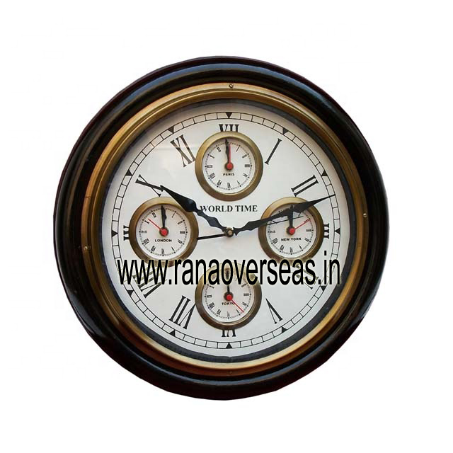 Antique Look Wall Clock with World Time 5 Countries Time Wooden with