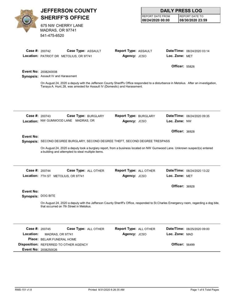 Jefferson County Sheriff’s Office (8/24/208/30/20) Ranch Matters CRR