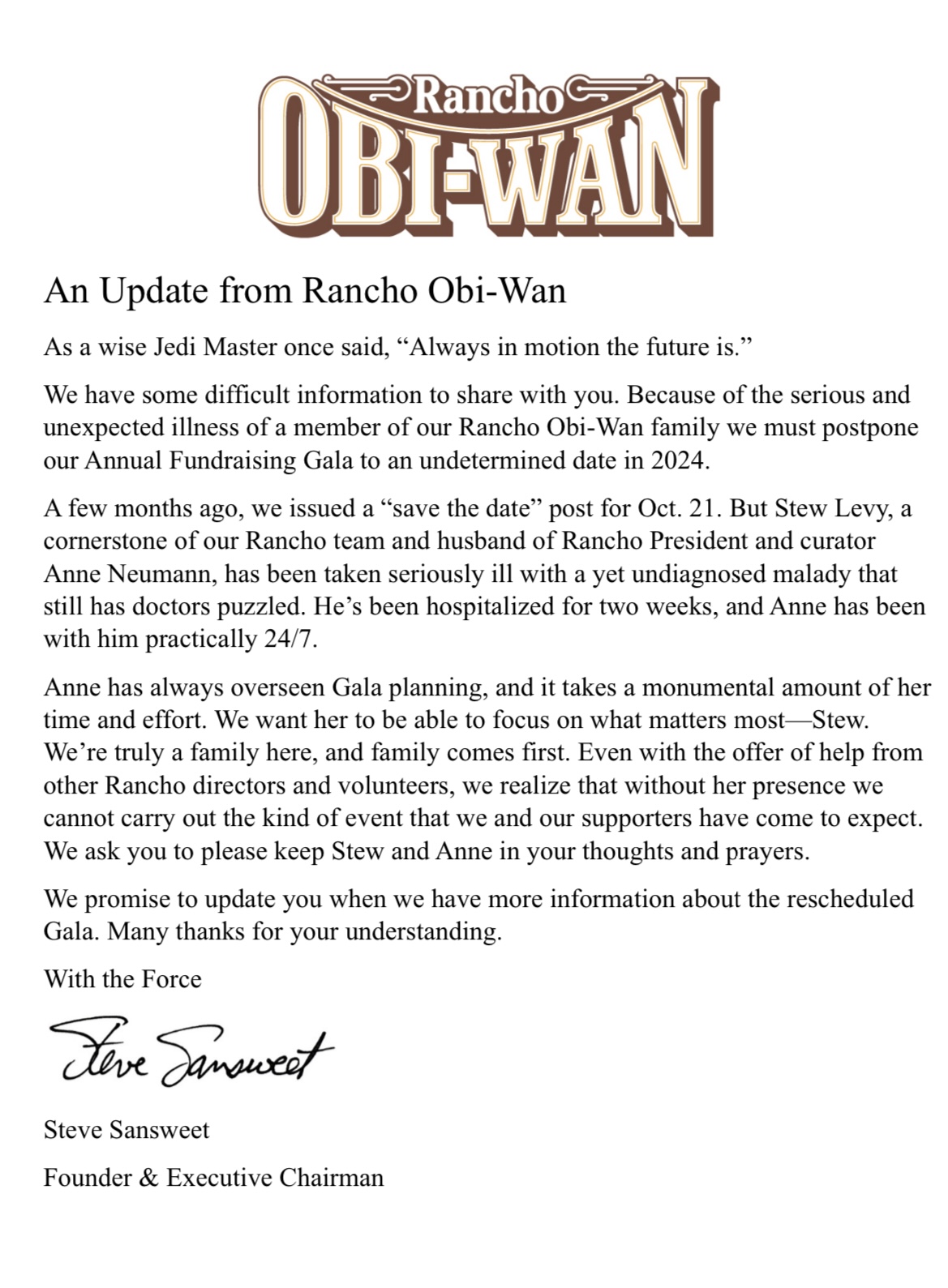 Difficult News to Share… Rancho ObiWan