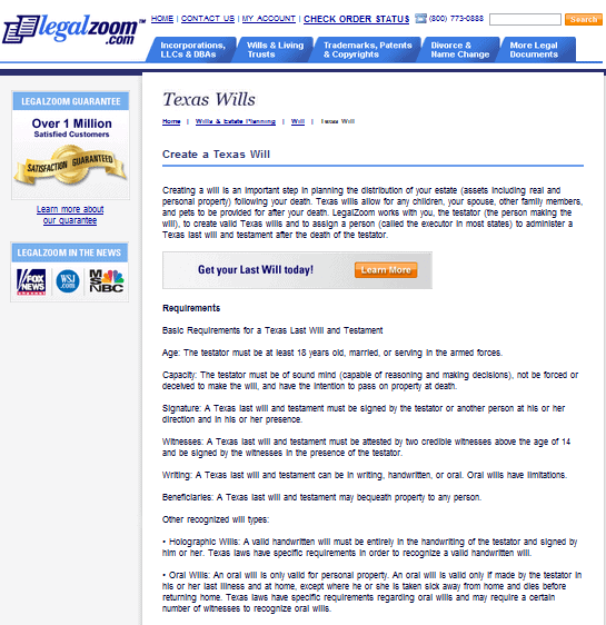 LegalZoom page for Texas Will and Testaments