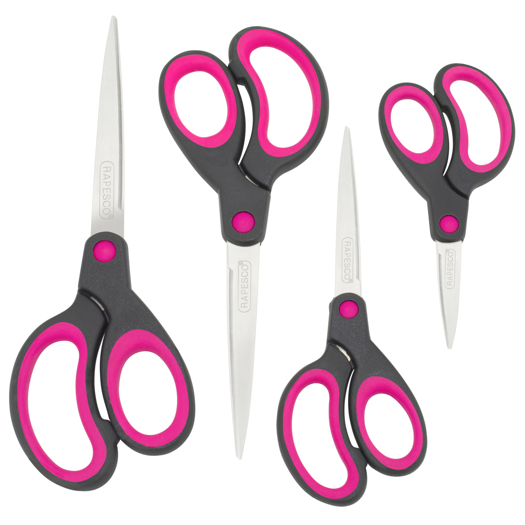 Soft Grip Handle Scissors Black/Hot Pink Set of 4 Rapesco Worldwide
