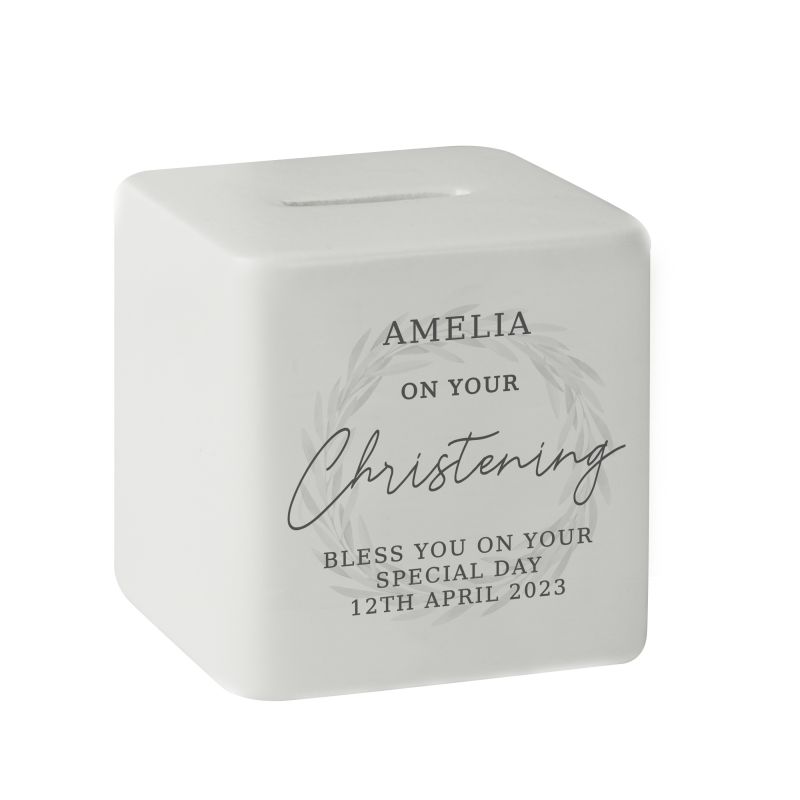 Personalised Christening Ceramic Square Money Box Ideal Gift