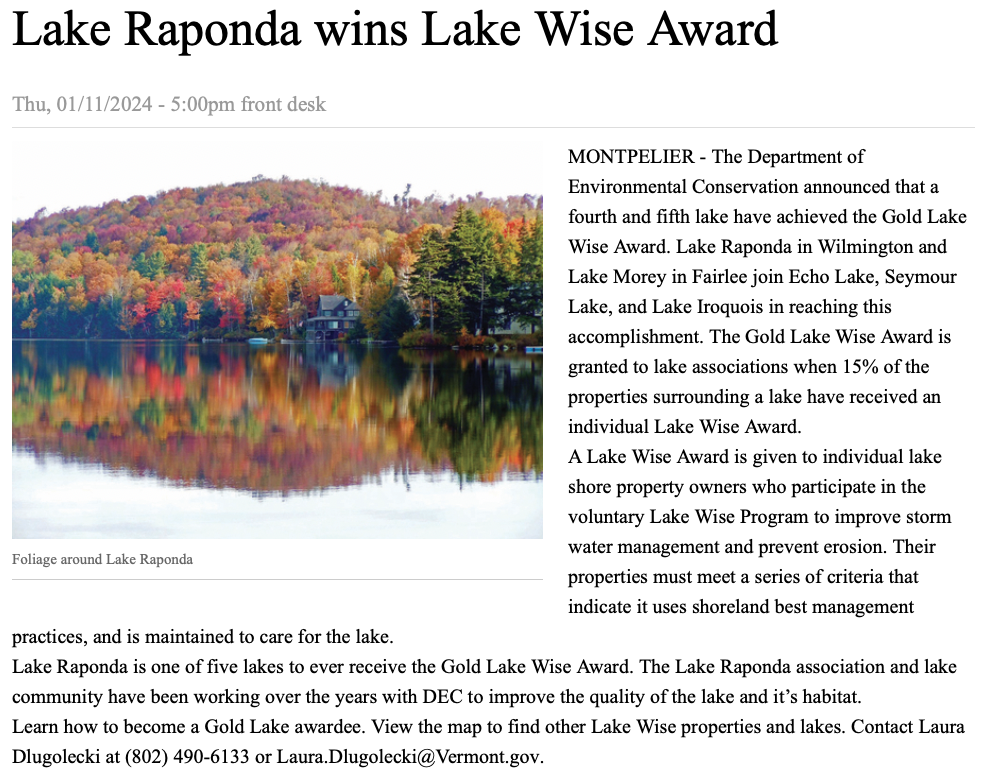 Vermont Lake Wise Lake Raponda Association