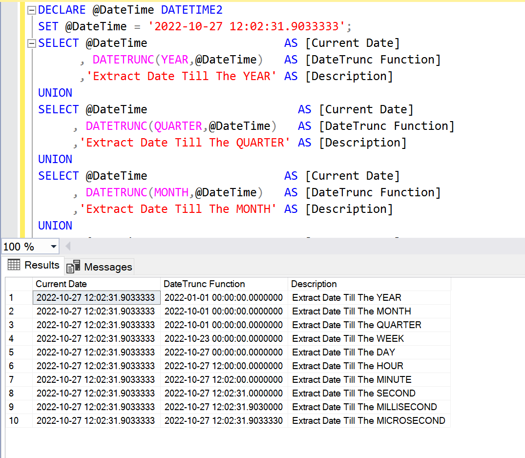 SQL Server 2022 Date & Time Function DATETRUNC() SQL Server Portal(04)