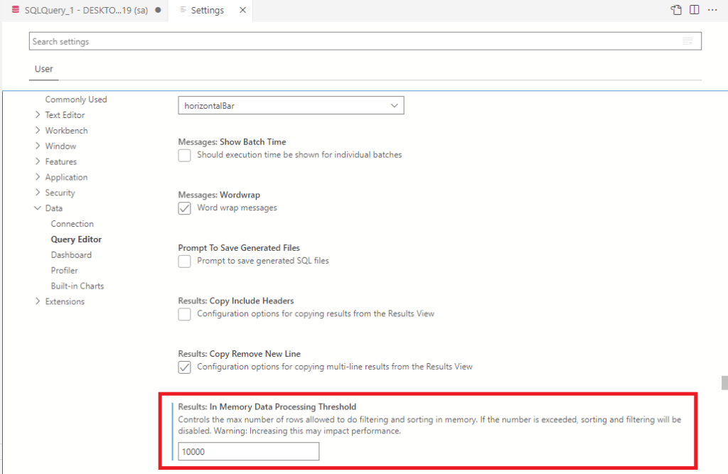 Azure Data Studio Fix Error Max row count for filtering/sorting