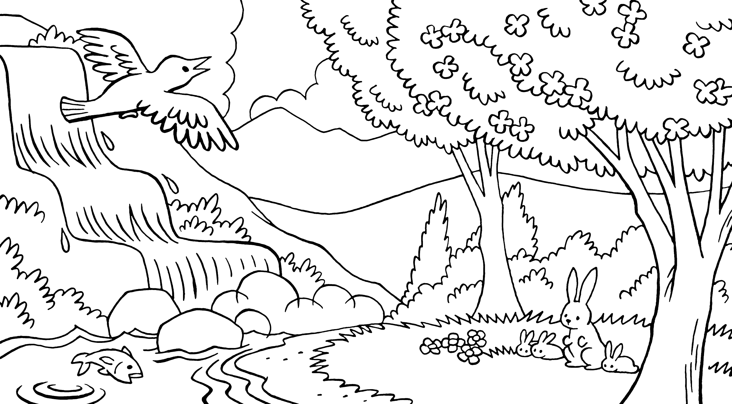 Dibujos para colorear de Naturaleza. Paisaje, bosque, montañas, mar, isla
