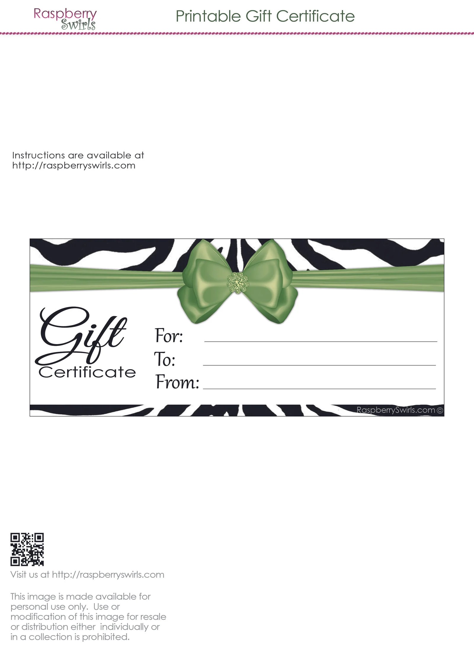 Printable Mint Zebra Gift Certificate Raspberry Swirls