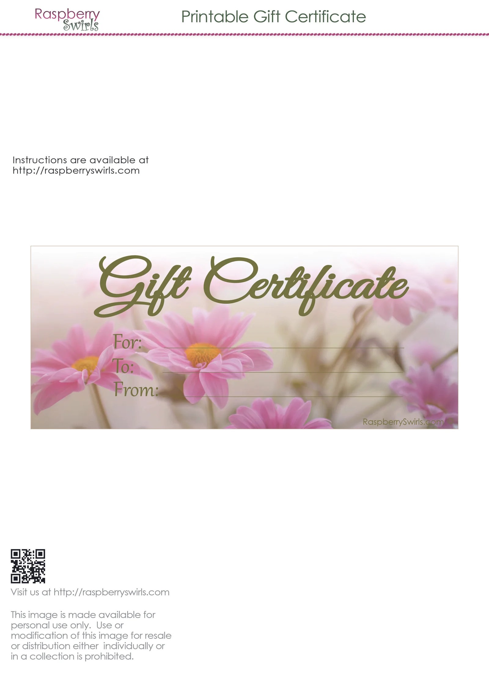 Printable Pink Floral Gift Certificate Raspberry Swirls