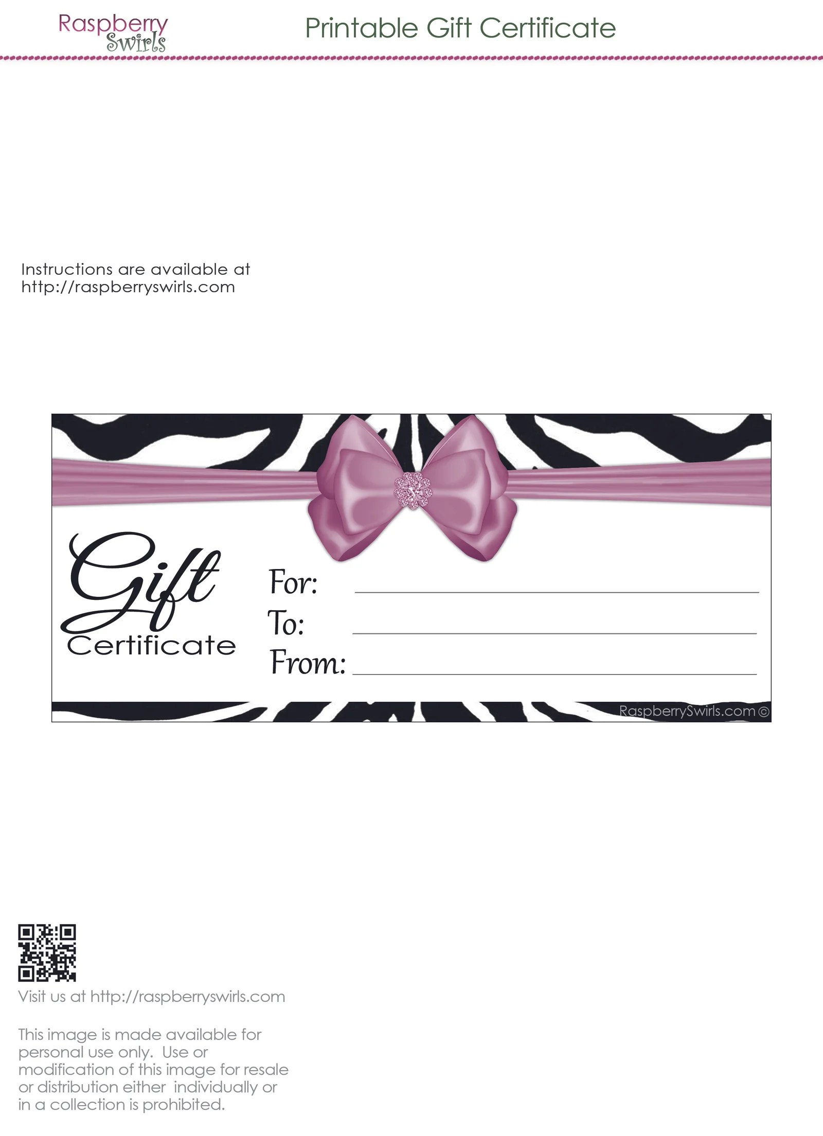 Printable Pink Zebra Gift Certificate Raspberry Swirls