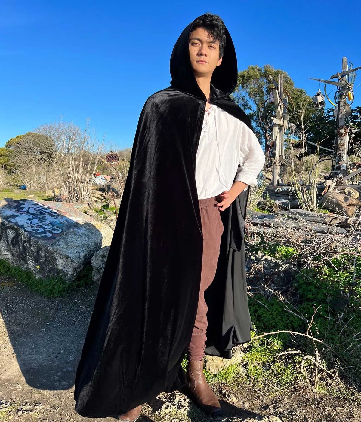 Men's Black Velvet Cloak with Hood Raven Fox Capes and Cloaks