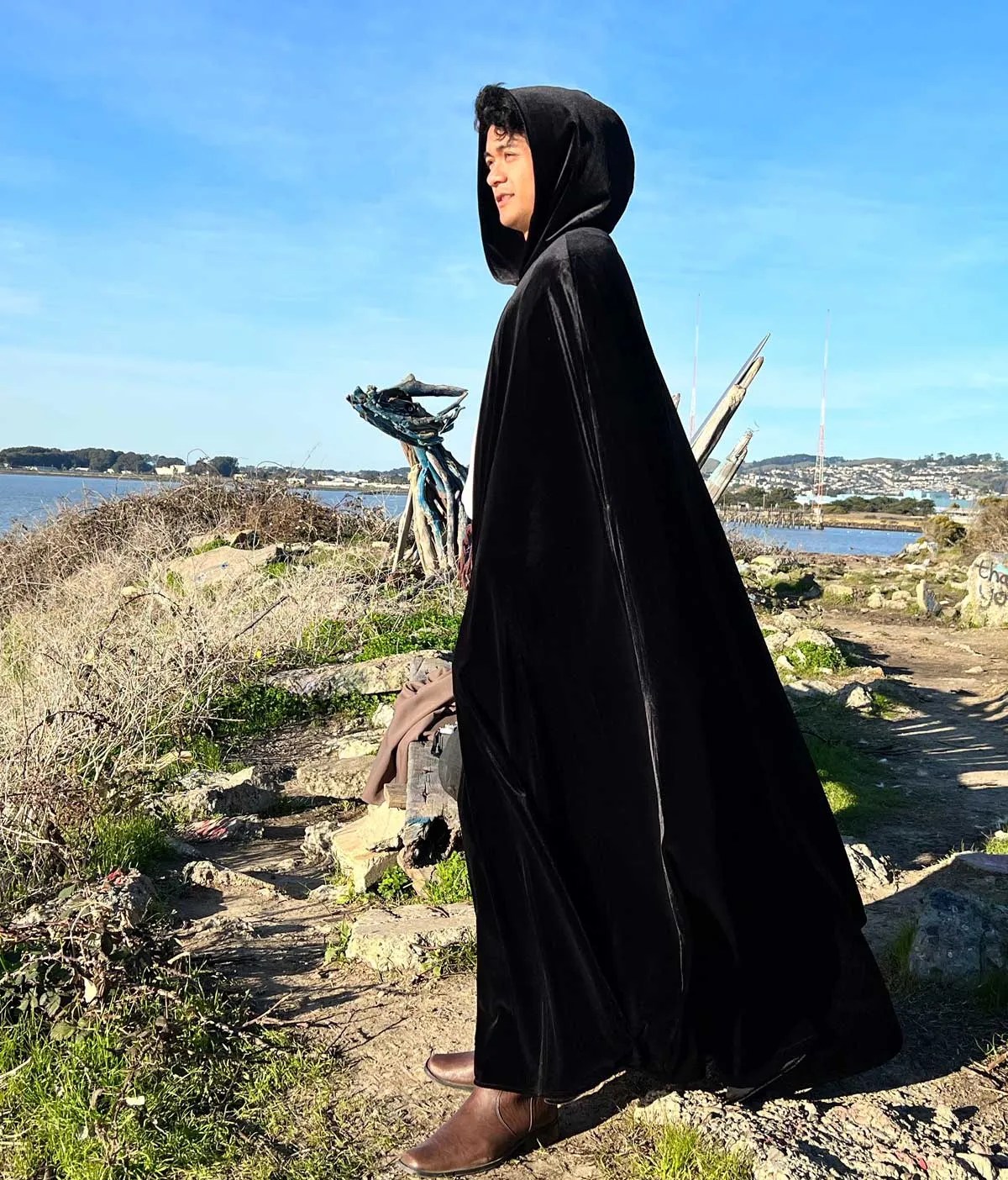 Men's Black Velvet Cloak with Hood Raven Fox Capes and Cloaks