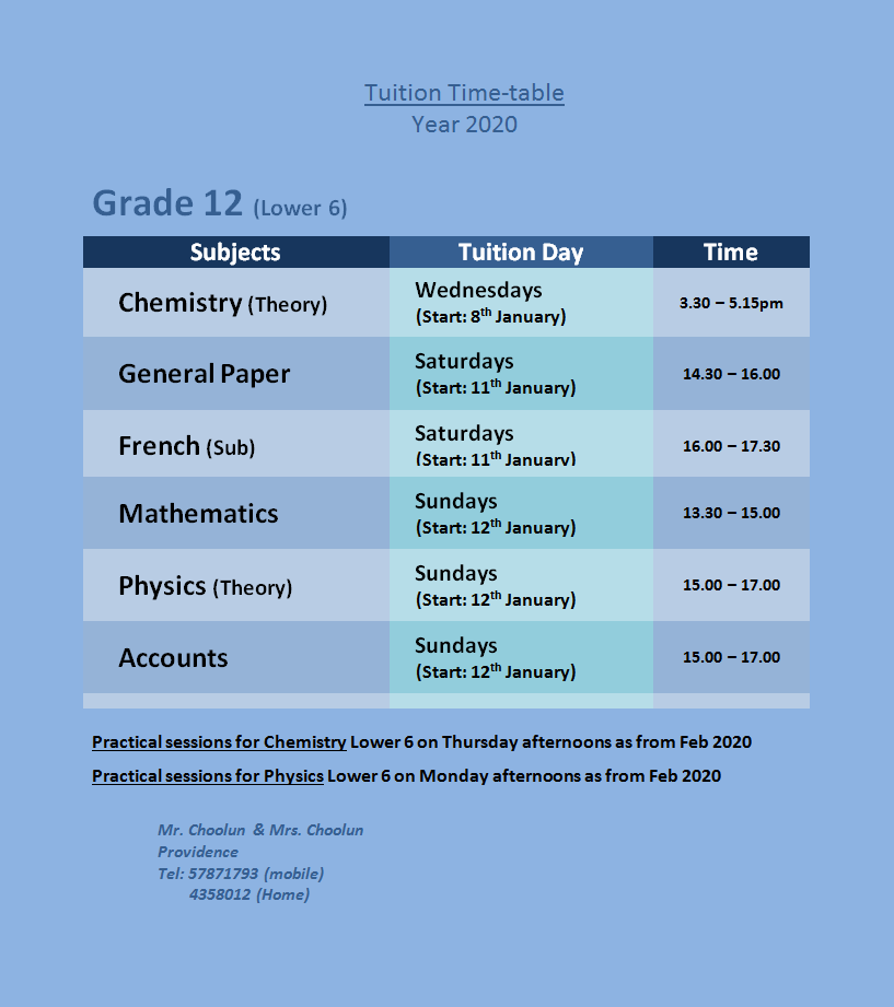 Ravi Choolun Classes Time Tables for 2020