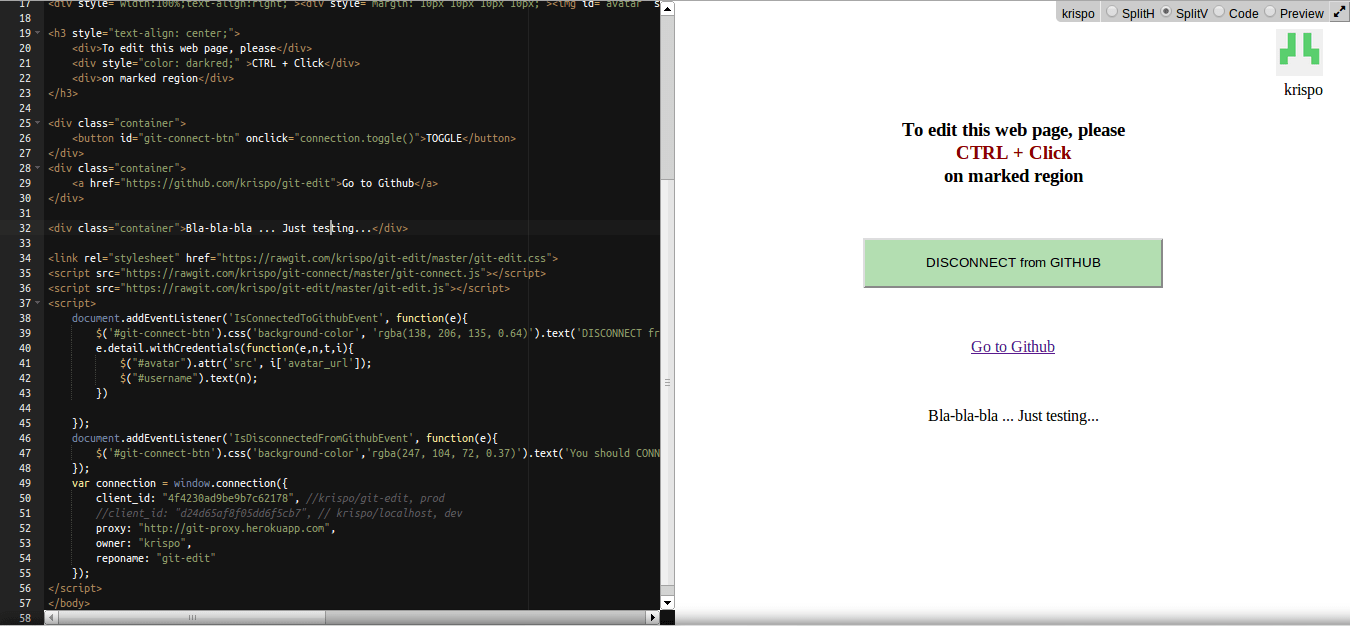 GitHub krispo/gitedit Edit HTML web pages in browser and commit the