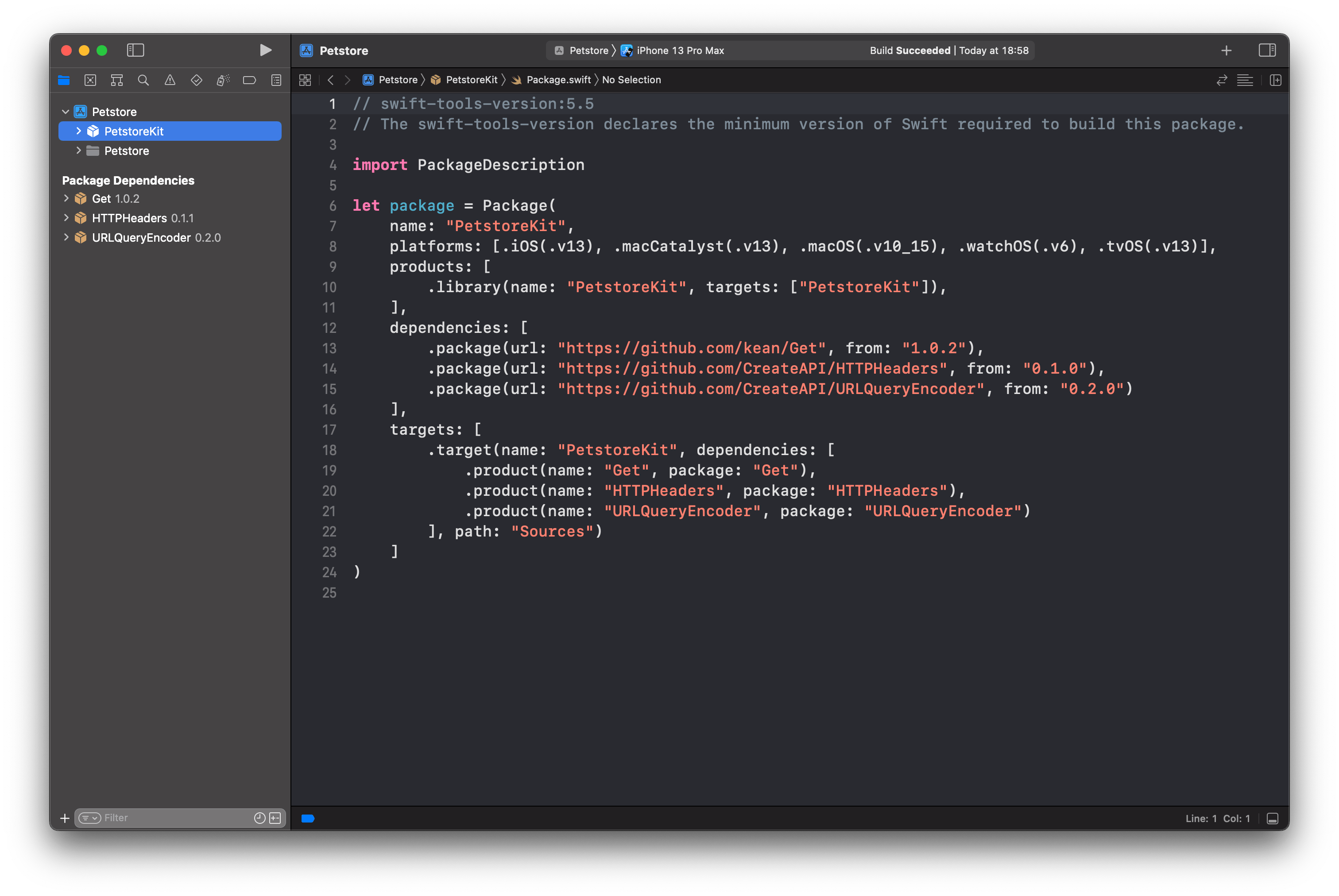 A screenshot of Xcode focusing on the PetstoreKit package within the