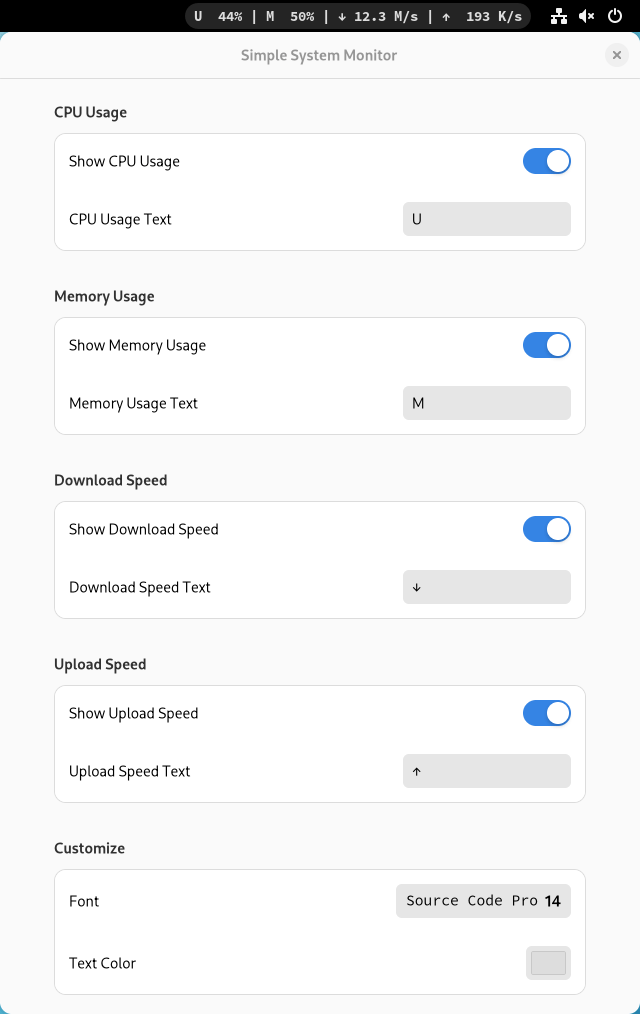 Gnome Shell Extension Simple System Monitor