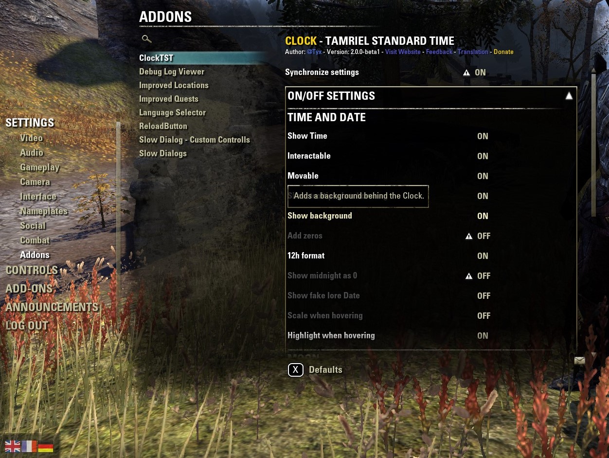 Clock Tamriel Standard Time Graphic UI Mods Elder Scrolls Online AddOns