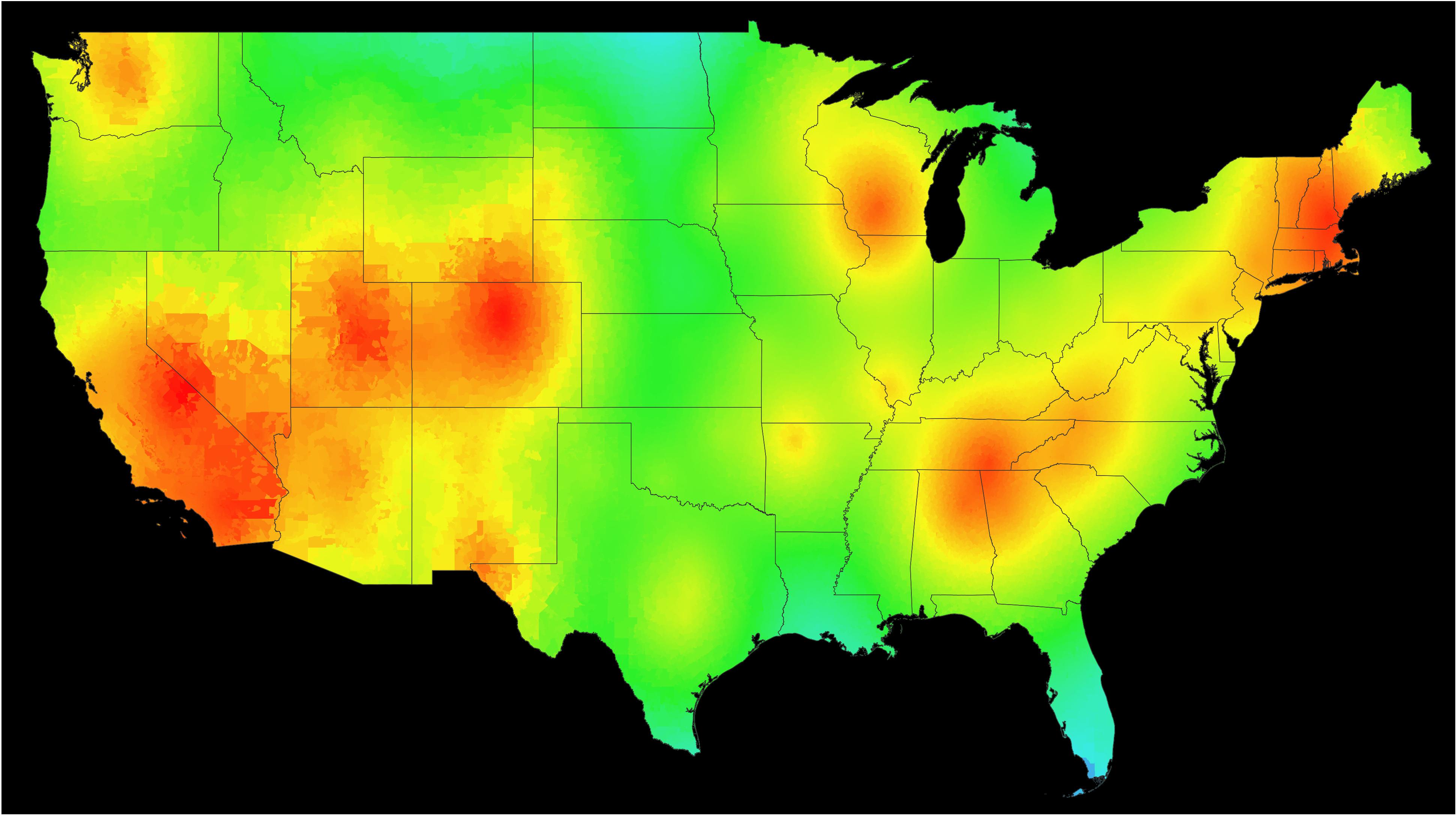 Map of the best places to live in the US for rock climbing (details in