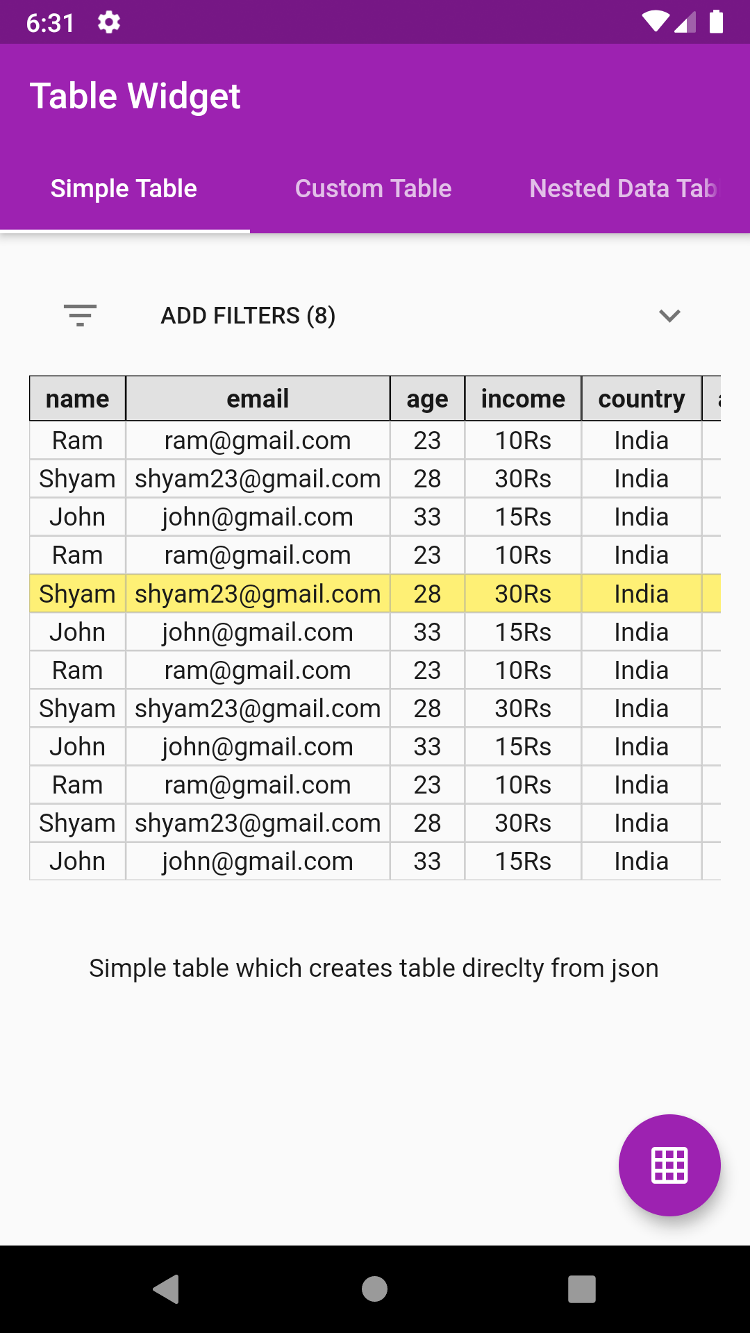 Flutter package Json Table Widget to create table from json array
