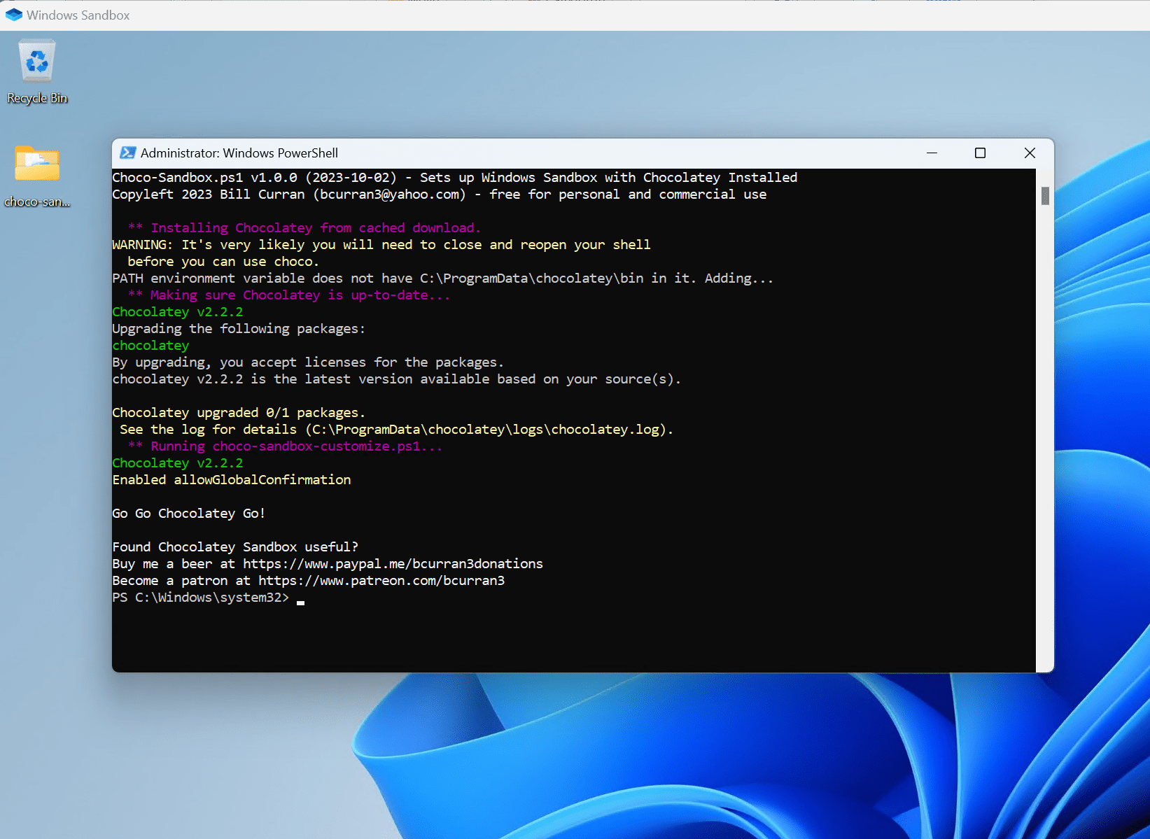 Chocolatey Software (unofficial) Chocolatey Sandbox 1.0.0