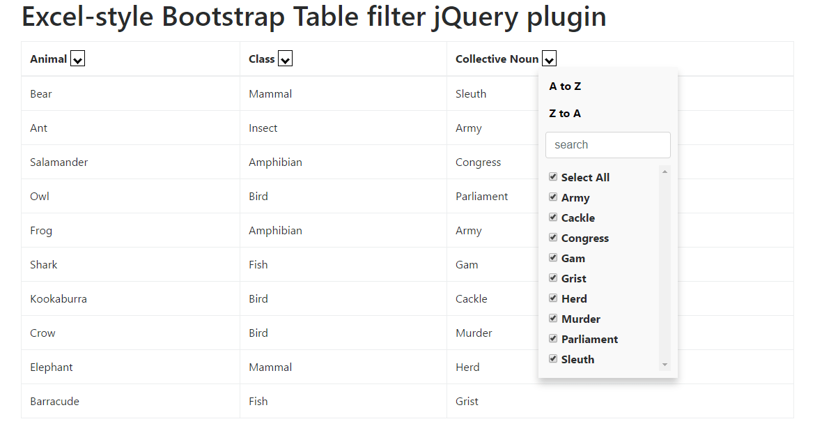 Excel Bootstrap Table Filter