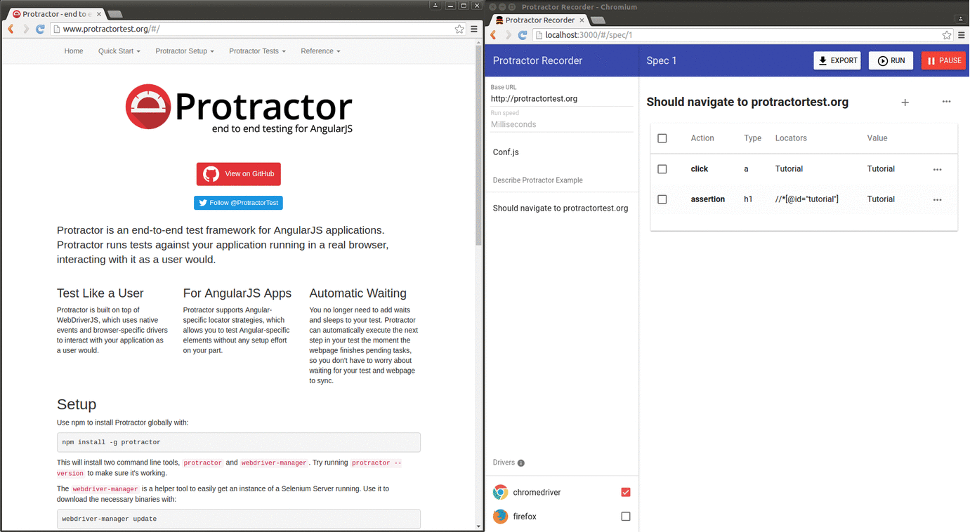 GitHub ealves/protractorrecorder Record, export and run tests with