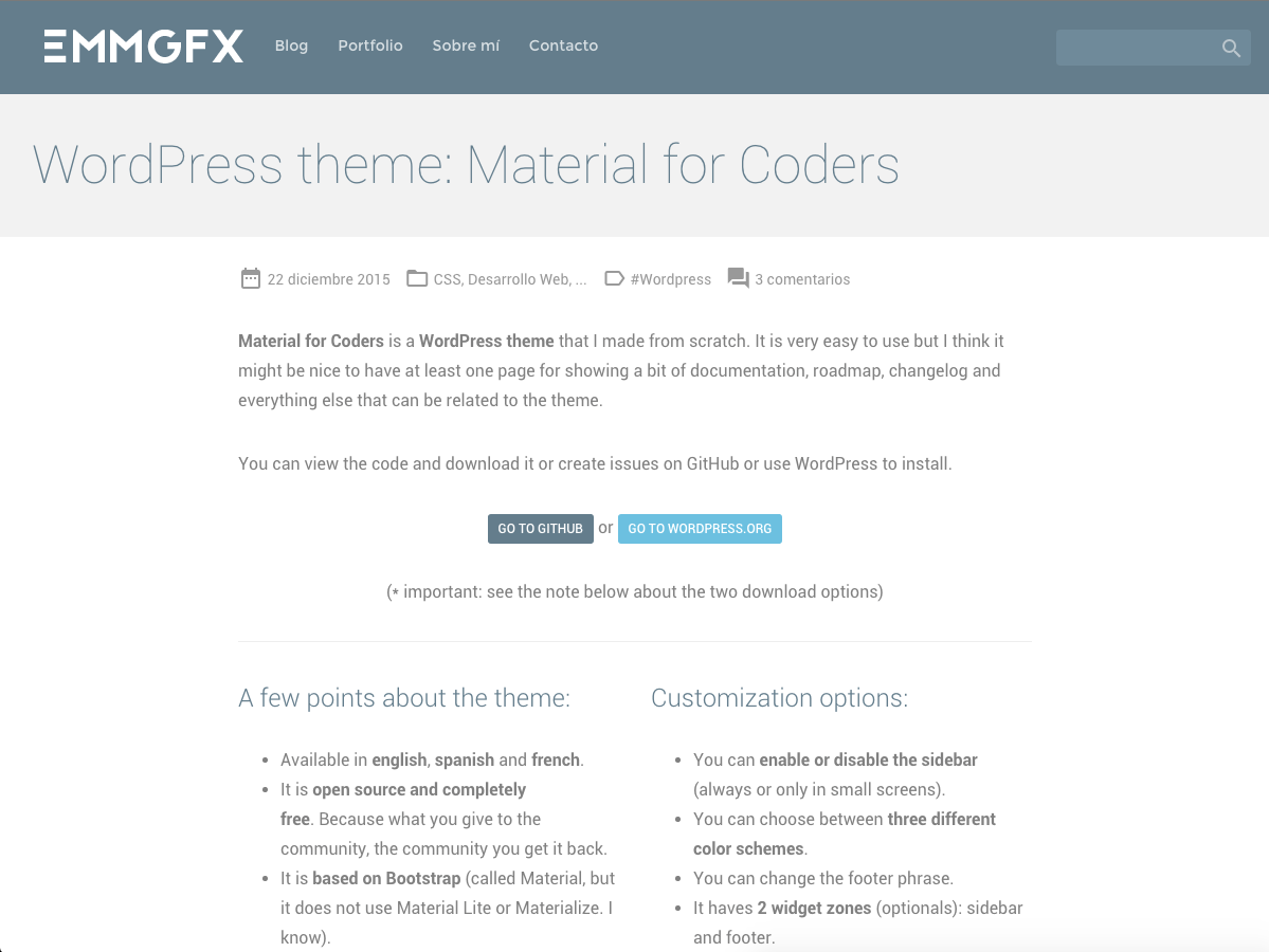 GitHub emmgfx/materialforcoders Wordpress theme, discontinued