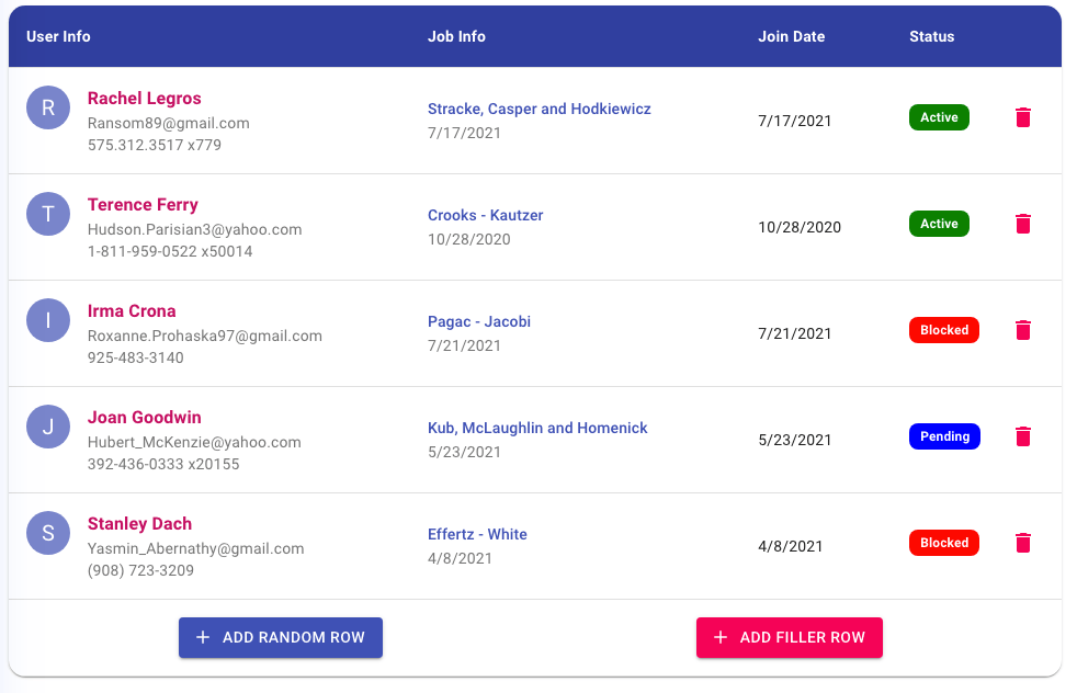 A simple MaterialUI Table React component with adding and removable table row. Custom styles
