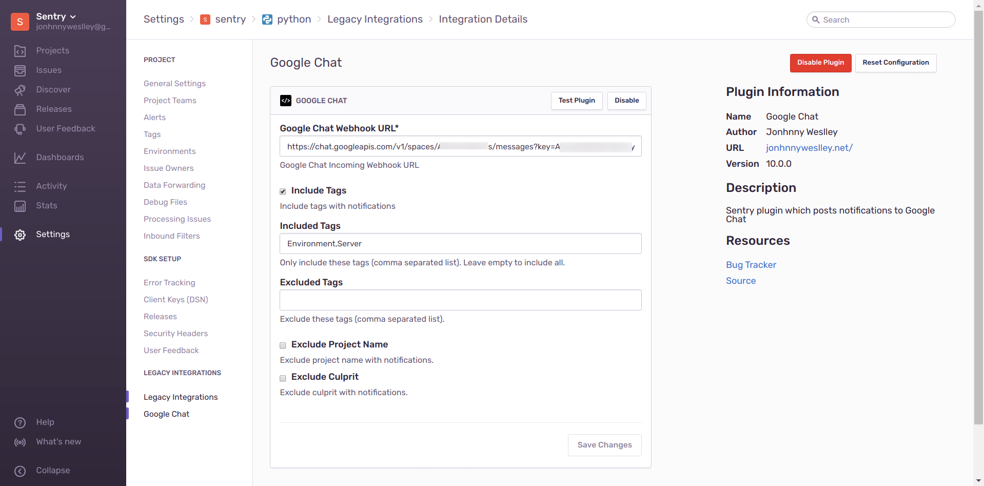 GitHub jweslley/sentrygooglechat A Sentry plugin which posts