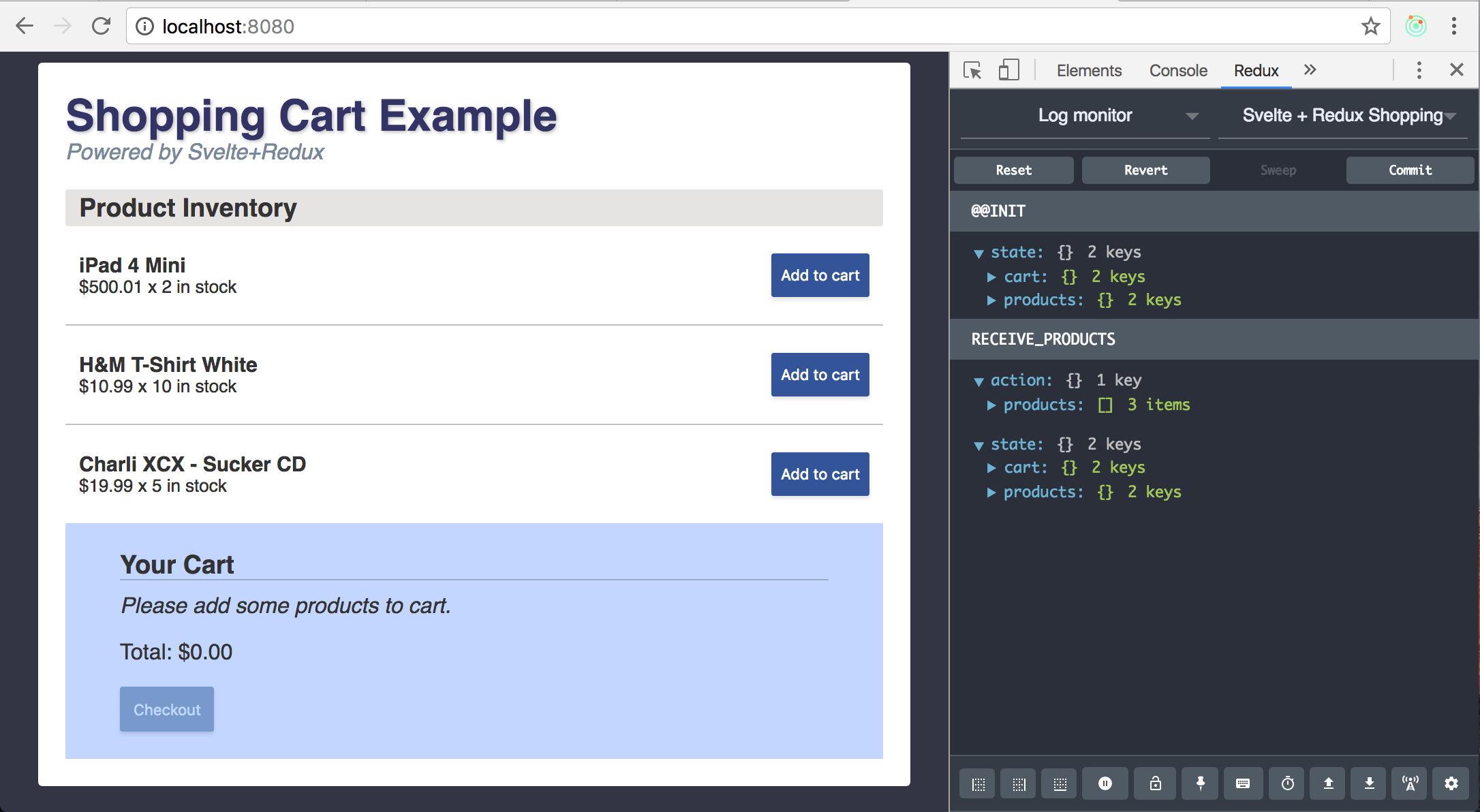 GitHub Example Shopping Cart App using Svelte, Redux, and