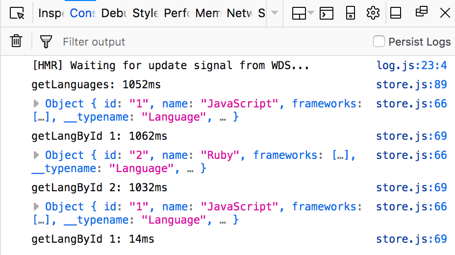 See how the first getLangById call took 1062ms, but the second only 14ms?