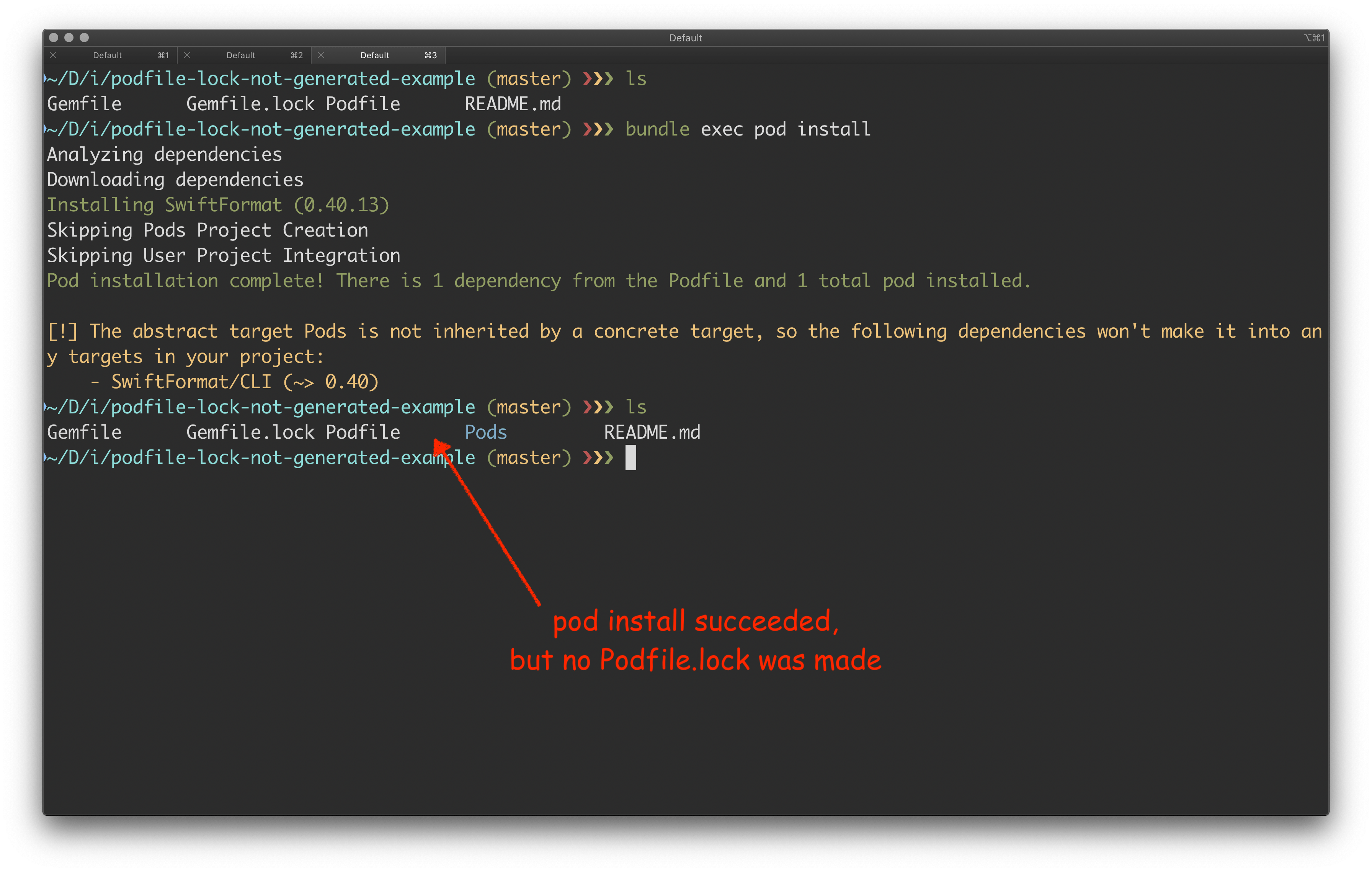 Successful pod install not generating Podfile.lock · Issue 9288