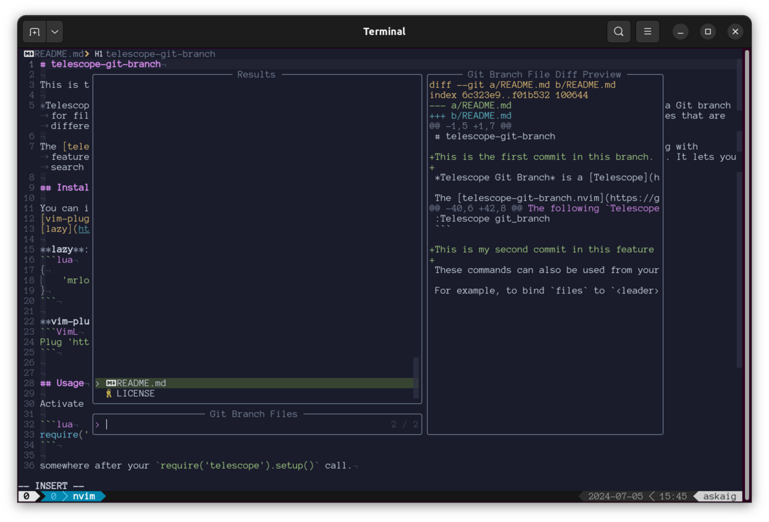 GitHub mrloop/telescopegitbranch.nvim Find which files and preview