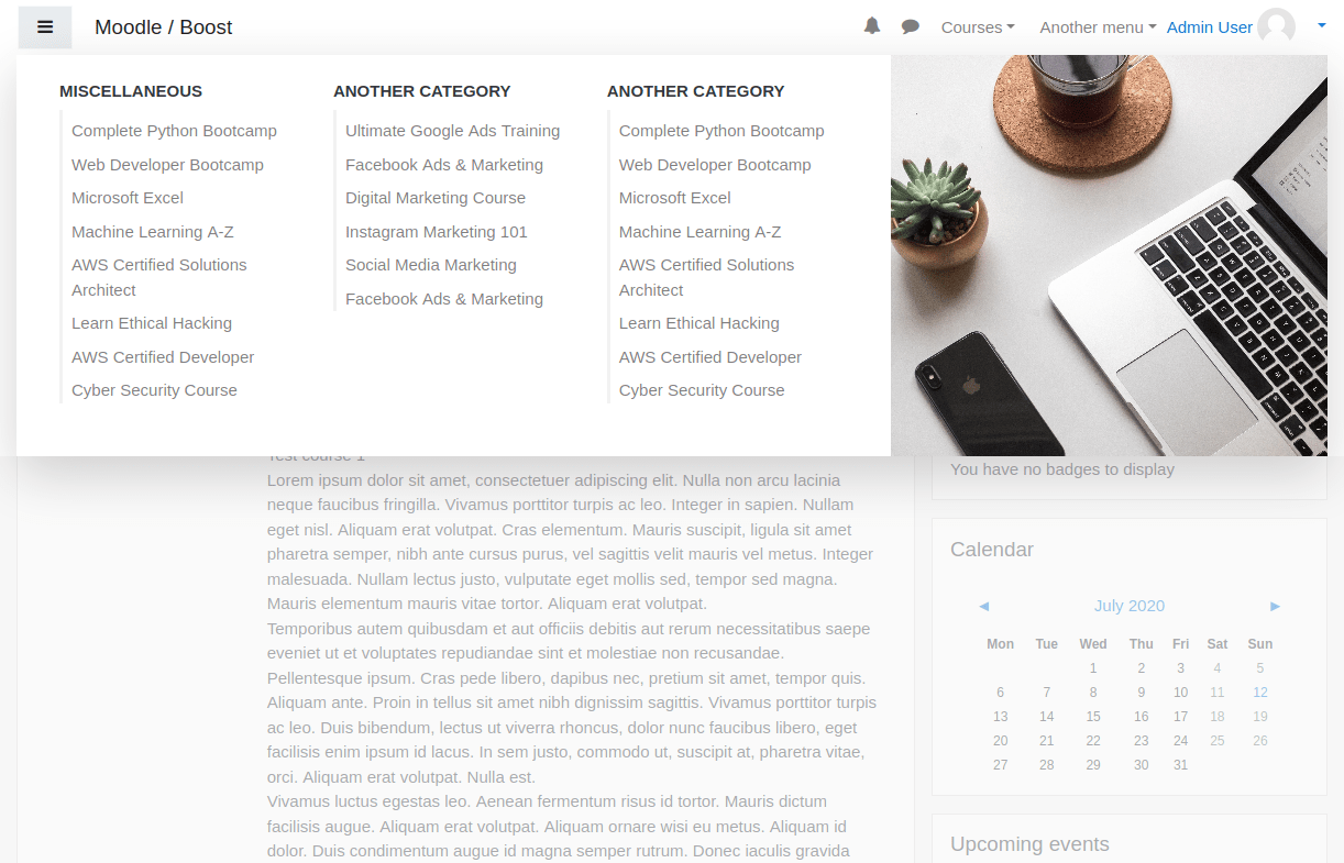 Moodle plugins directory Boost Mega Menu (Bootstrap 4) Versions 1.0.1